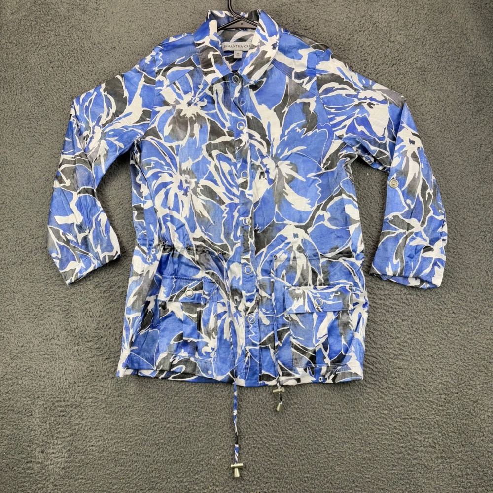 Samantha Grey Womens 10 Blue‎ Floral Utility Jacket Lightweight Cotton Blend